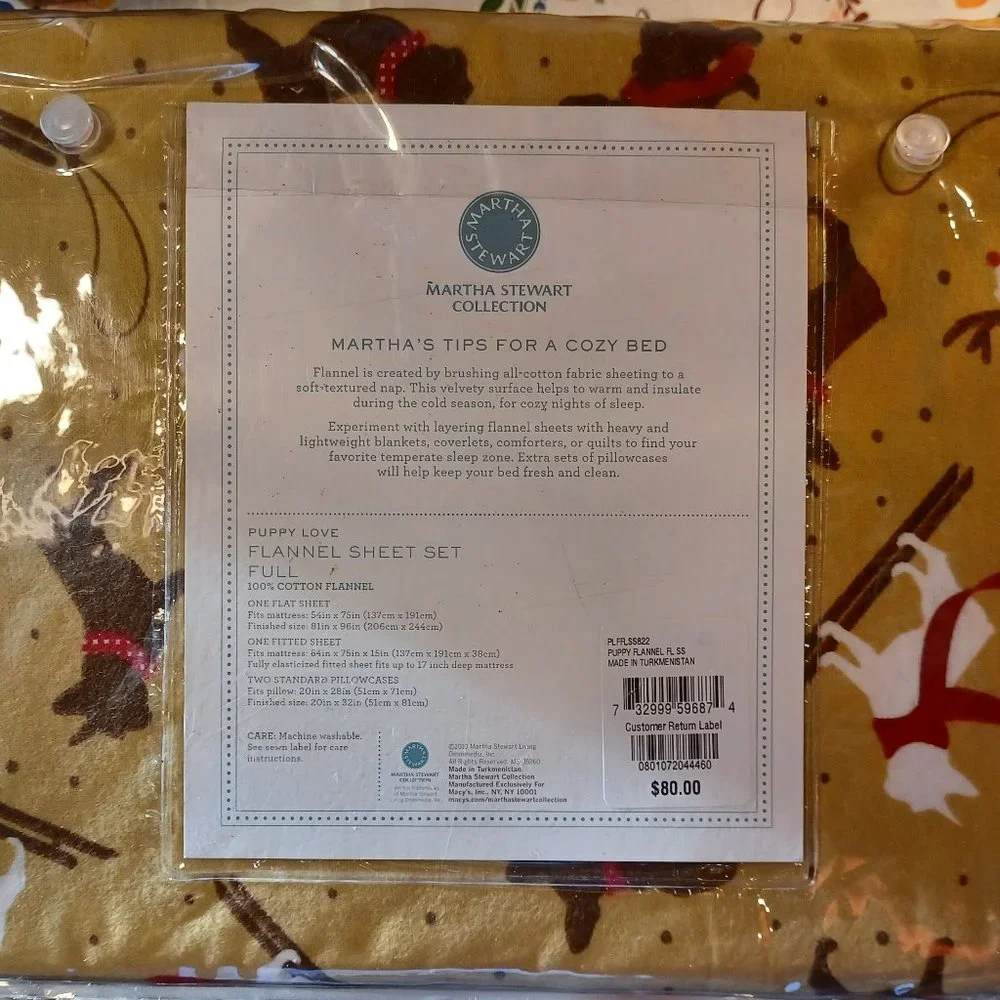 Martha Stewart Collection FULL Flannel Sheet Set PUPPY LOVE Dogs in Sweaters
